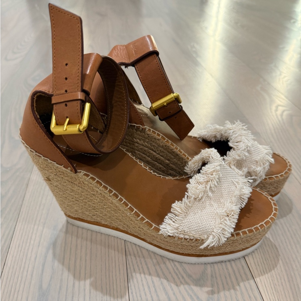 See by Chloé Womens Canvas Brown and Cream Wedge Sandals